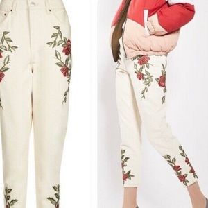 NEW NWT Topshop Moto rose embroidered high waisted cropped Mom jeans 26
